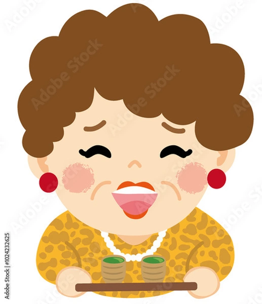Fototapeta お茶を出すおばちゃんのイラスト