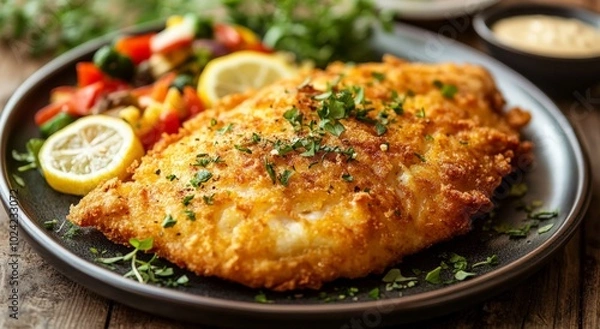 Fototapeta Crispy breaded fish fillet with lemon and vegetable sides