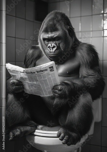 Obraz Gorilla depicted reading a newspaper while sitting on a toilet in a funny artwork