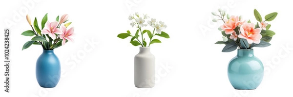 Fototapeta A tiny ceramic vase with fresh flowers, adding a touch of nature to the room, isolated on a transparent background 
