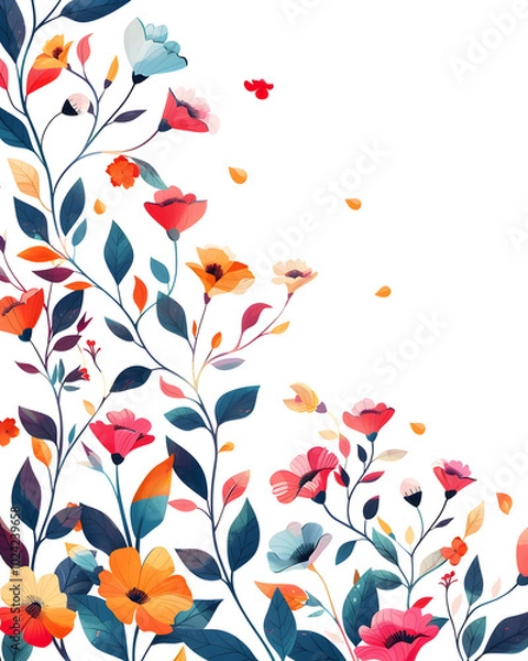 Obraz A lively floral border with vibrant blossoms and leaves for decor, greeting cards, invitations, and art projects. It has a whimsical and bright design, perfect for adding color and cheer