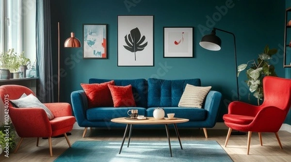 Fototapeta Blue sofa and red chair set against a teal wall with a framed poster, creating a vibrant, modern Scandinavian-style living room.