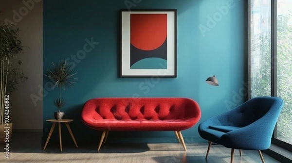 Fototapeta Vibrant blue and red seating near a teal wall with a framed poster in a Scandinavian-style living room, showcasing modern simplicity.