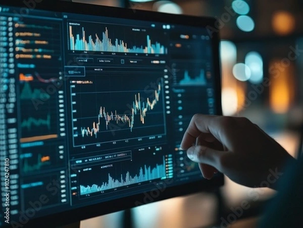 Obraz A close-up of a data scientist analyzing trends using Python code and business intelligence tools, with graphs and charts displayed on the screen.