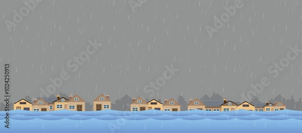 Fototapeta Flood natural disaster with house, heavy rain and storm , damage with home, clouds and rain, flooding water in city, Flooded house.