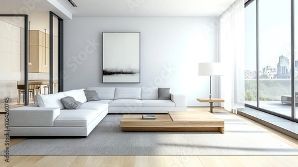 Fototapeta Minimalist living room with a white sectional sofa and a wooden coffee table in front of large windows.