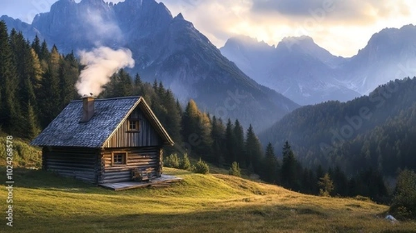 Fototapeta A wooden cabin with smoke rising from its chimney sits on a hill overlooking a valley with mountains in the background.