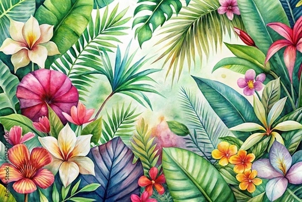 Fototapeta watercolor painting of tropical flowers and leaves