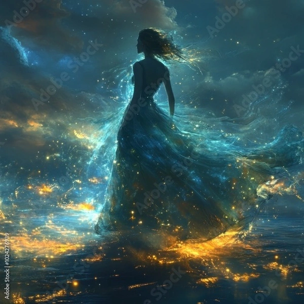 Fototapeta A woman in a flowing dress stands on a glowing sea of lights, with swirling clouds and stars in the background.