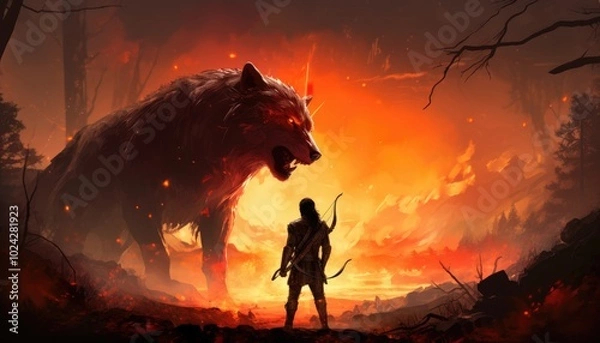 Fototapeta hunter with a bow facing a giant wolf
