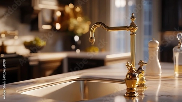 Obraz Elegant kitchen faucet with a marble countertop, creating a luxurious cooking environment.