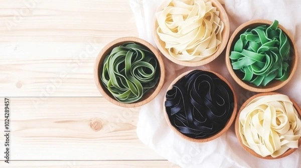 Obraz Close up of fresh handmade traditional tagliatelle pasta in uncooked black green and classic varieties on a wooden table high angle view