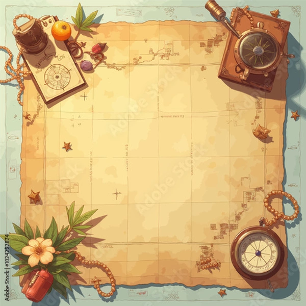 Fototapeta Treasure Map with Compass and Clock