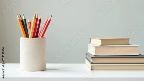 Fototapeta On a white table there is a stand with colored pencils and books.