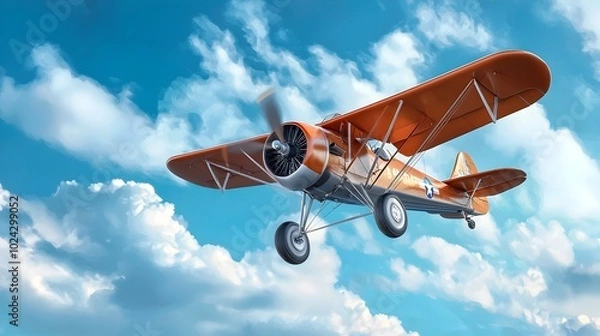 Fototapeta Vintage propeller airplane gracefully flying through a clear blue sky with fluffy white clouds evoking a sense of nostalgia adventure and the golden era of aviation