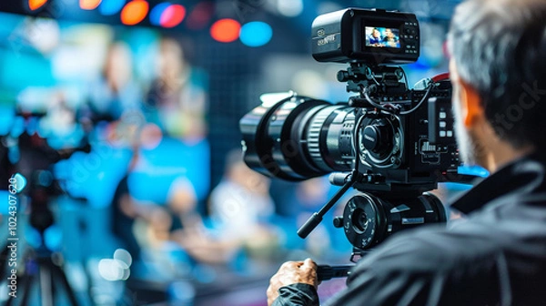Obraz A cameraman captures footage at a live event, surrounded by colorful stage lighting, highlighting the dynamic atmosphere of the production.
