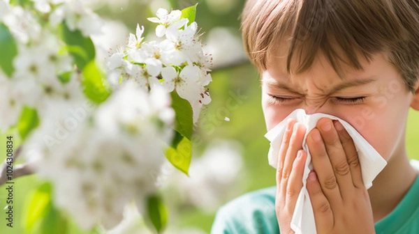 Fototapeta Person sneezing into tissue amidst blooming flowers and green leaves, symbolizing allergy season, with ample copy space for text or design elements.