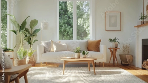 Fototapeta A bright and airy living room featuring cozy white sofa adorned with soft pillows, surrounded by lush greenery and natural light streaming through large windows. warm wooden accents and minimalist dec