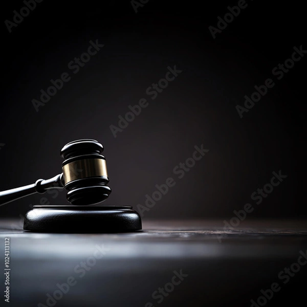 Fototapeta Gavel resting on a black base, symbolizing justice, law, and authority in a courtroom setting.