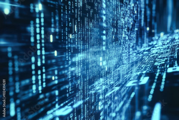 Fototapeta A futuristic vision of blue digital code flowing across a high-tech virtual environment