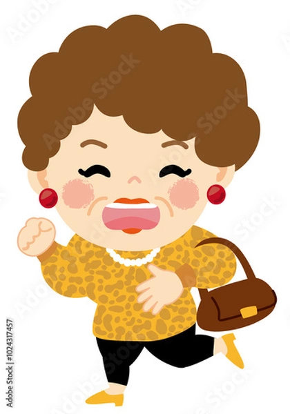 Fototapeta おでかけする笑顔の大阪のおばちゃんのイラスト全身