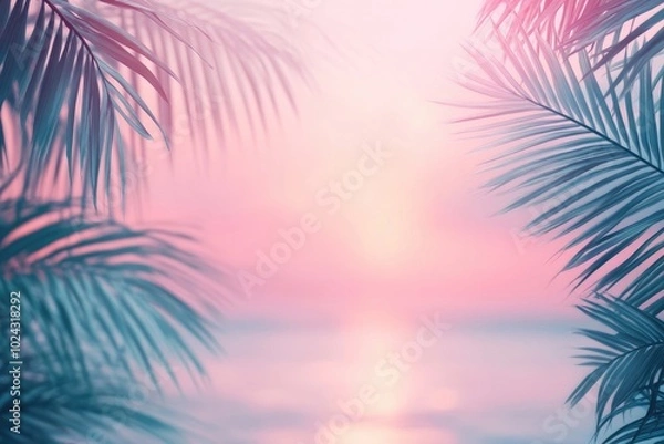 Fototapeta Palm leaves with a pink sunset. Perfect for summery, tropical designs, vacation-themed visuals, or creating a sense of calmness and tranquility.