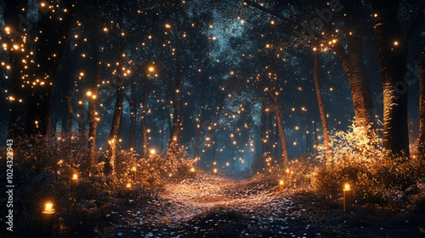 Fototapeta Enchanting winter solstice night in a magical forest filled with glowing lights and candles