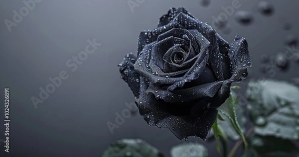 Obraz black rose in closeup with raindrops, Generative AI.