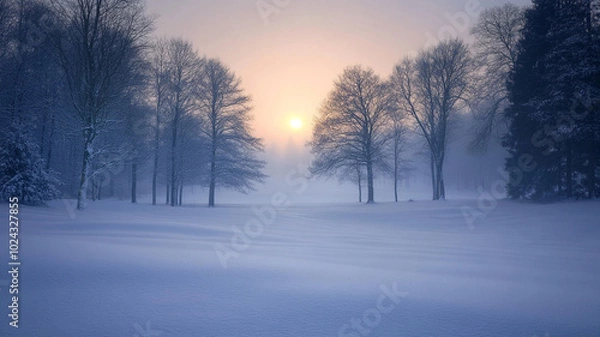 Fototapeta Quiet winter morning during the Winter Solstice with fog and gentle sunlight breaking through trees