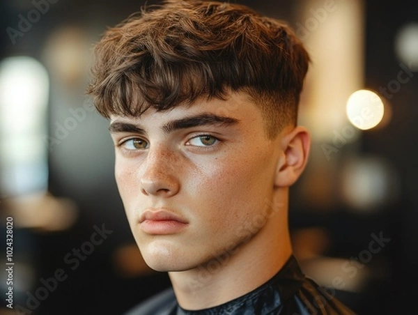 Obraz Close-up of a man with a French crop haircut, featuring short, tapered sides, textured top, and a straight fringe in a sleek barber shop setting with soft lighting and blurred background

