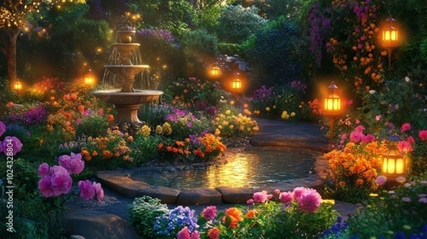 Obraz A magical garden with a stone fountain, a pond, blooming flowers, and twinkling lanterns.