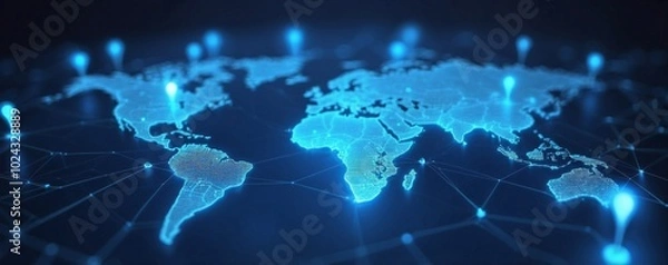 Fototapeta Abstract digital map with glowing location pins on a blue background, an AI and technology concept
