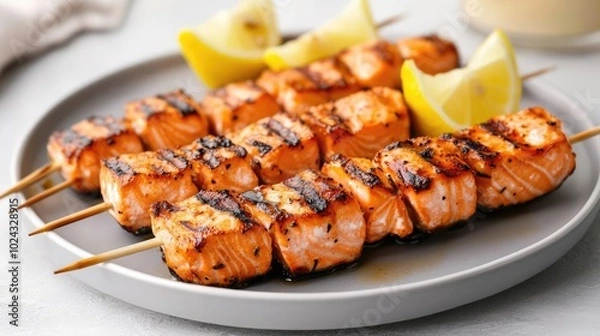 Fototapeta A plate of grilled salmon skewers with a citrus glaze, served with lemon wedges, grilled salmon skewers, seafood barbecue