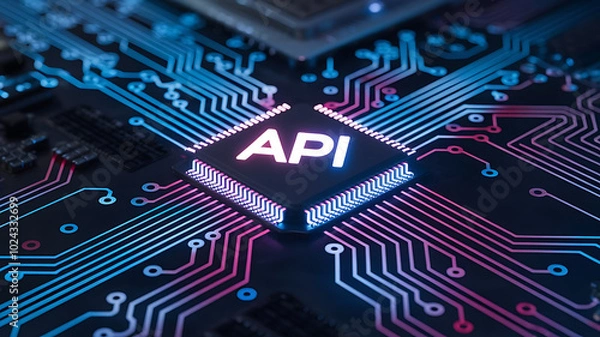Fototapeta API microchip, Application Programming Interface, Business, modern technology, API chip on a cricuit board