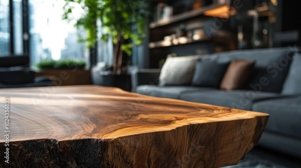Fototapeta A close-up shot of a live edge wooden table, focusing on its natural edges and wood grain, set in a luxurious modern living room.