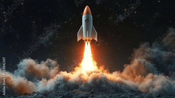 Fototapeta A white rocket blasts off from a rocky surface, leaving a trail of smoke and fire.