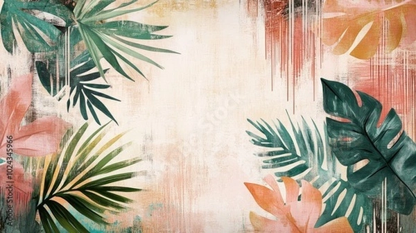 Fototapeta 3D mural wallpaper featuring hand drawn tropical leaves and abstract art on a light background with retro pattern shapes