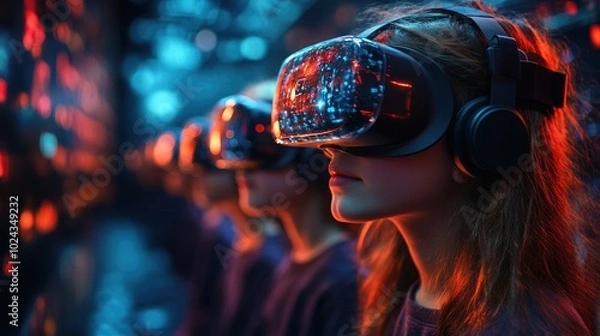 Fototapeta A group of people wearing VR headsets, immersed in a virtual reality experience.