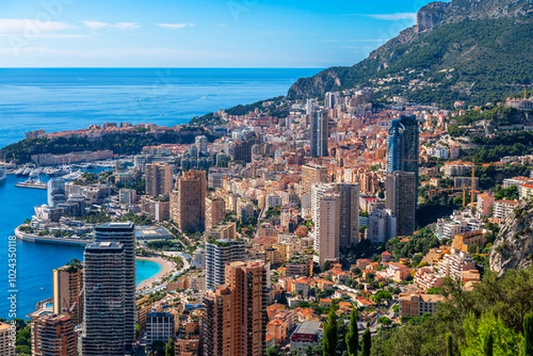 Fototapeta Principality of Monaco from Roquebrune, Alpes Maritime, in Provence.