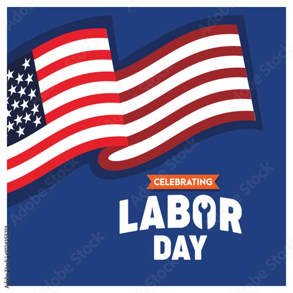 Fototapeta Labor Day Sale with an American flag. Blue color background. Labor Day sale concept. Flat vector illustration.
