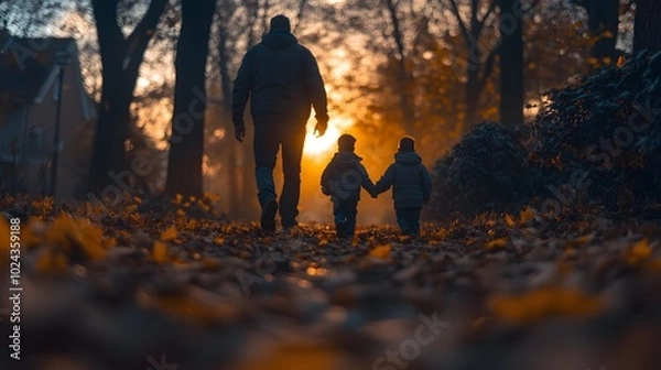 Fototapeta Family hiking through a forest with fallen leaves, wearing cozy sweaters and enjoying the crisp November air