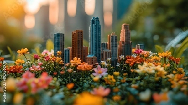 Fototapeta A miniature cityscape made of plastic sits surrounded by colorful flowers, blurred buildings in the background.