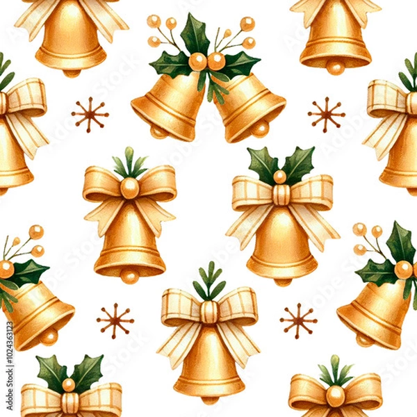 Fototapeta Christmas seamless pattern with golden jingle bells, green leaves, and ribbon bows isolated on a white background. 
