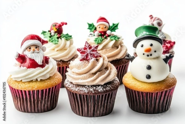 Fototapeta set of 4 Christmas Xmas Cupcake muffin with icing frosting topping of angel