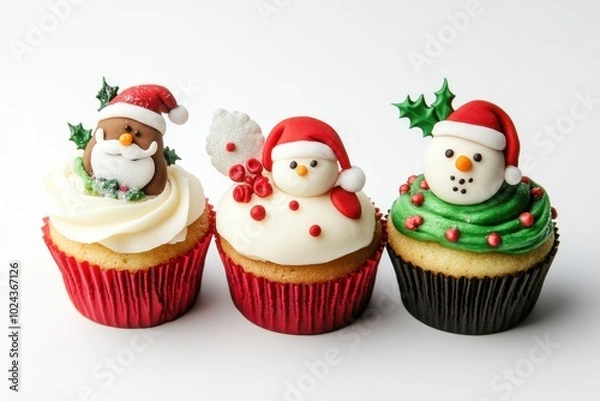 Fototapeta set of 4 Christmas Xmas Cupcake muffin with icing frosting topping of angel