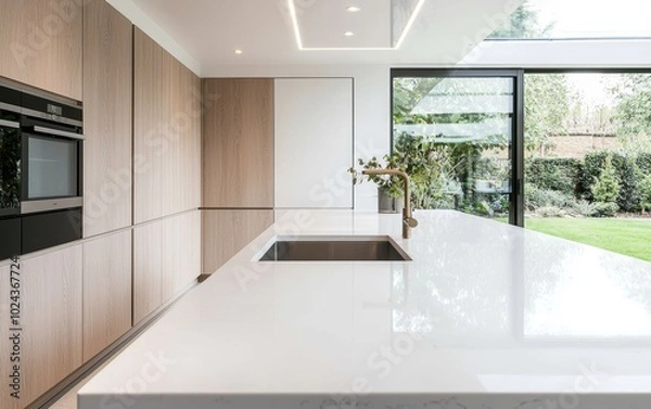 Fototapeta A chic kitchen extension with a large island and glass walls, allowing for plenty of natural light and views of the garden