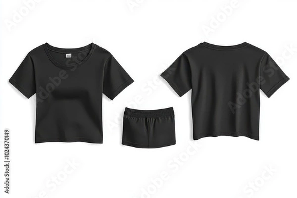 Fototapeta Set of black loose cropped midriff tee t shirt round neck front, back and side view on white