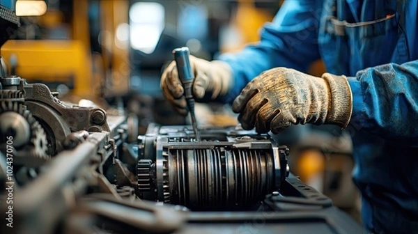 Fototapeta auto mechanic working on the gearbox in his workshop