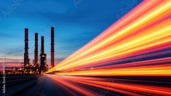 Fototapeta A colorful sunset captures a dynamic industrial scene with smokestacks, illuminated by streaks of light, emphasizing energy and movement.