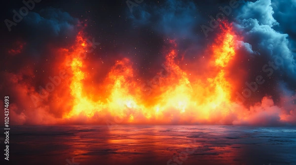 Fototapeta A fiery scene with a large fire in the center and smoke and fire in the background. The fire is surrounded by a dark blue and red sky, creating a dramatic and intense atmosphere